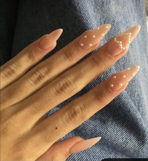 Nails Inspiration Pearl, Blush Nails With Pearls, Pearl Gem Nail Designs, Pearls In Nails, Heart Nails Rhinestones, Nails With Heart Pearls, Hearts And Rhinestone Nails, Gel X Classy Nails, Heart With Rhinestones Nails