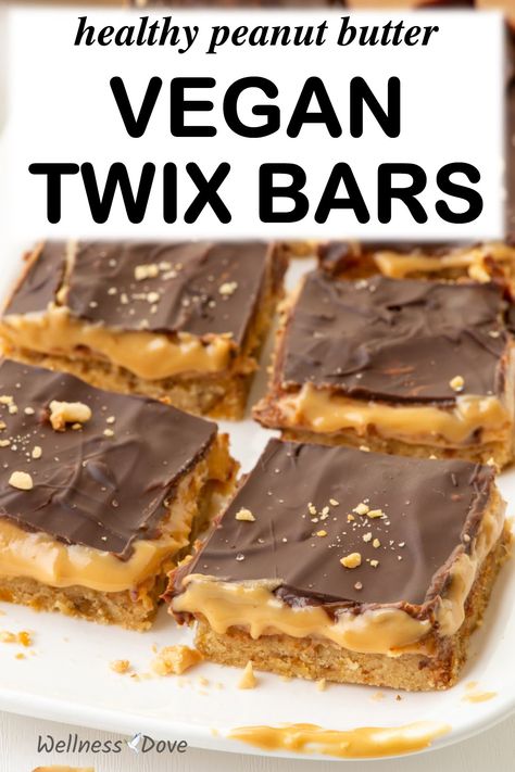 These No Bake Peanut Butter Twix Bars are soft, fudgy, and delicious. They are also healthy and easy to make. The recipe is vegan and requires only 6 ingredients. It is gluten-free and refined sugar-free. Twix Dessert, Peanut Butter Twix Bars, Healthy Plant Based Desserts, Vegan Twix Bars, Peanut Butter Twix, Vegan Dessert Bars, Plant Based Dessert Recipes, Twix Bars, Twix Bar