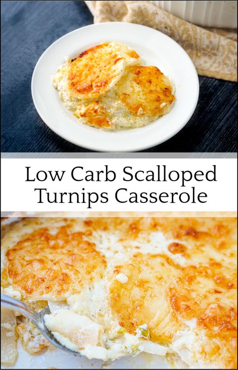 If you miss potatoes on a keto diet you have to try these keto scalloped potatoes using turnips! The tender turnips are baked in a luscious creamy sauce with a bubbly brown top. It's the perfect keto side dish for the holidays or Sunday dinner. Best of all each serving has only 4.9g net carbs! Keto Sides For Fish, Keto Side Dishes For Fish, Turnip Keto Recipes, Keto Mashed Turnips, Turnips Au Gratin Keto, Turnip Recipes, Low Carb Holiday, Healthy Recipes For Diabetics, Low Carb Veggies