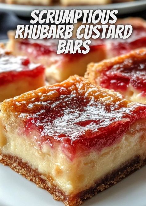 Amish Rhubarb Dream Bars, Rhubarb Custard Bars, Rhubarb Dream Bars, Yummy Things To Bake, Rhubarb Desserts, Rhubarb And Custard, Rhubarb Recipes, Slices Recipes, Cookie Bar Recipes