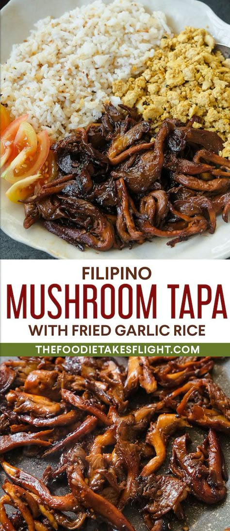 Vegan Mushroom Tapsilog (Filipino Mushroom Tapa) Mushroom Adobo Filipino, Filipino Recipes Vegetarian, Pioppino Mushrooms Recipe, Mushroom Chinese Recipe, Filipino Veggie Recipes, Bunapi Mushrooms Recipe, Mushroom Katsu, Vegan Filipino Recipes, Vegan Mushroom Recipes