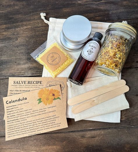 Just getting starting with herbal recipes, this all-inclusive DIY herbal salve making kit has everything you need to make a batch of all-purpose healing salve. All the included ingredients are ethically sourced from my favorite organic farms. Kit includes detailed instructions on how to make the healing salve from scratch, walking you through each step in the process. Step 1: Make the infused oil Step 2: Use infused oil to make the salve Enjoy and I hope this inspires to make even more herbal re Diy Salve, Carrier Oils For Skin, Home Apothecary, Calendula Salve, Healing Salve, Herbal Store, Skin Rashes, Herbal Salves, Infused Oil