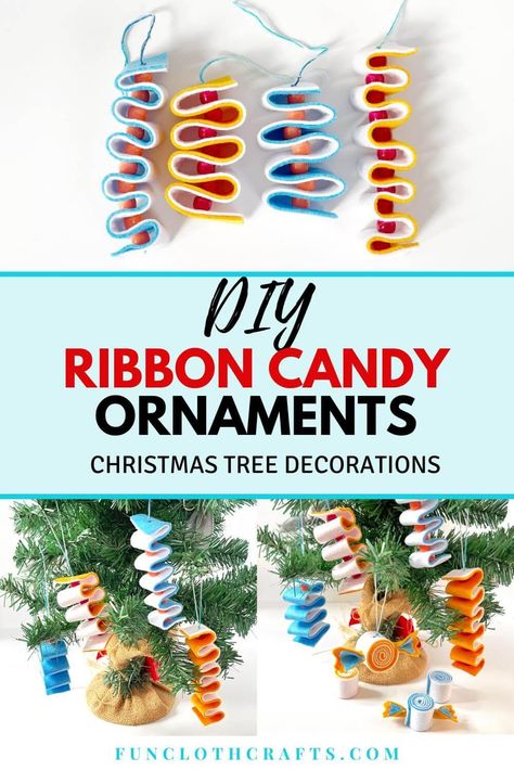 Easy Felt Ribbon Candy Ornaments | Fun Cloth Crafts - Felt Craft Patterns Felt Christmas Candy Ornaments, Ribbon Candy Ornaments Easy Diy, Felt Candy Ornaments, Felt Ornaments Patterns Templates, Felt Ornaments Patterns Free, Ribbon Candy Ornaments, Candy Christmas Tree, Felt Ornaments Patterns, Gingerbread Diy