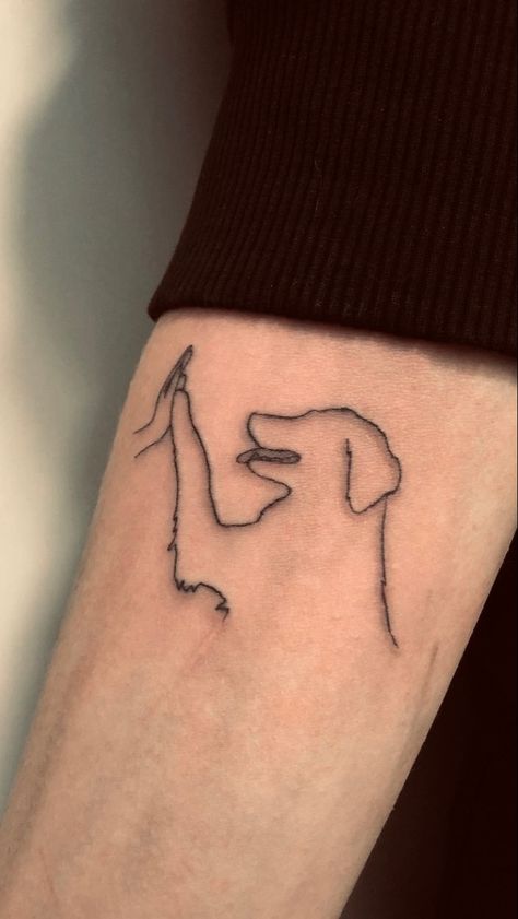 Labrador Memorial Tattoo, Hugging Dog Tattoo, Golden Retriever Fine Line Tattoo, Lab Silhouette Tattoo, Golden Retriever Tattoo Minimalist, Golden Retriever Tattoo, Kiss Tattoos, Dog Memorial Tattoos, Dog Paw Tattoo