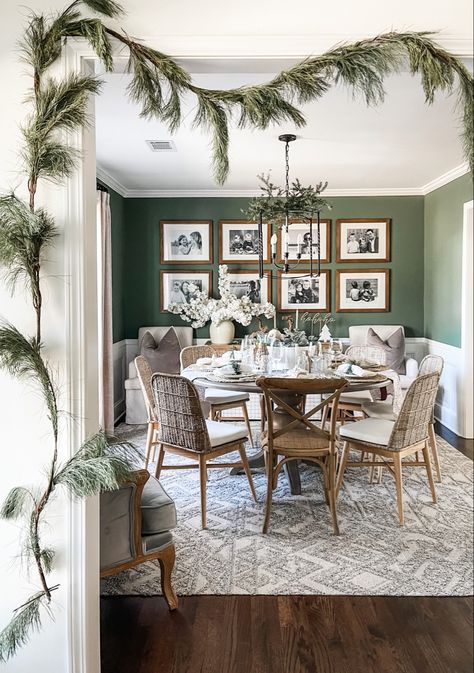 Green Dining Room Paint, Green Dining Room Walls, Paint Benjamin Moore, Holiday Dining Room, Dining Room Accent Wall, Neutral Dining Room, Dining Room Paint Colors, Oak Dining Room, Green Dining Room