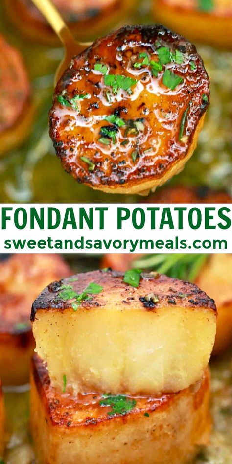 Fondant Potatoes are buttery and melt-in-your-mouth tender with a golden, crispy crust. #potatoes #sidedish #fondantpotatoes #sweetandsavorymeals #easyrecipes Honey Roasted Sweet Potatoes, Fondant Potatoes, Potatoes Easy, Savory Meals, Chicken Appetizers, Potato Recipes Side Dishes, Chicken Chick, Potato Sides, French Dishes