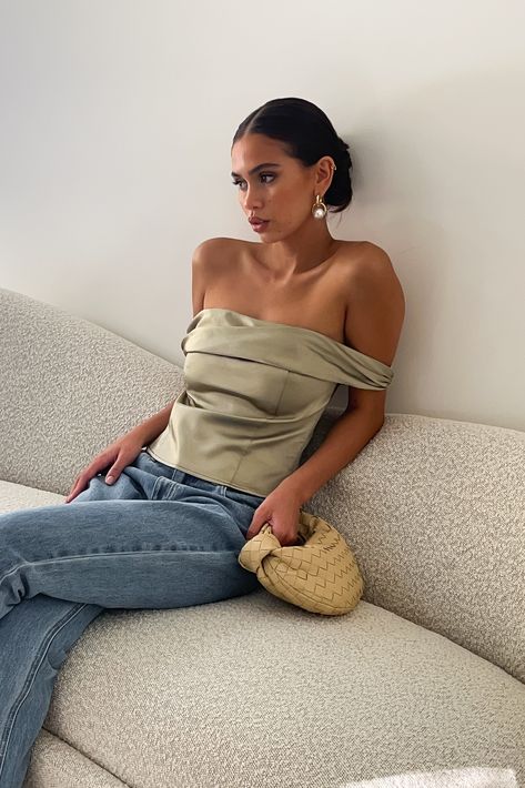 Denim Jeans Aesthetic Outfit, Satin Top And Jeans, Denim Off Shoulder Top Outfit, Silk Strapless Top, Satin Bustier Top Outfit, Off Shoulder Satin Top, Modern 2000s Fashion, Strapless Top Outfit Night, Neutral Going Out Outfit