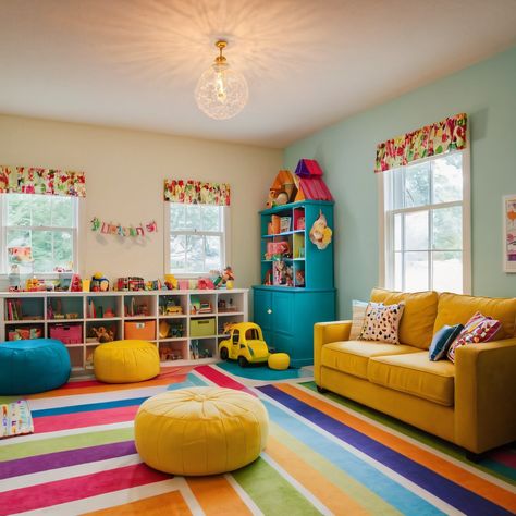 Colourful Playroom Ideas, Playroom Colourful, Rainbow Toy Room, Playroom Colours Bright Blue Orange, Primary Colour Playroom, Colourful Playroom, Playroom Colorful, Small Playroom, Colorful Playroom