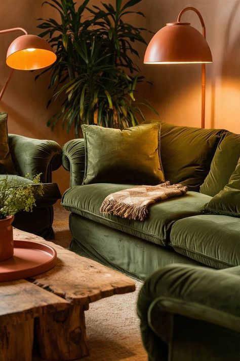 Orange Wall Green Sofa, Terracotta Wall Green Sofa, Green Sofa Color Palette, Green Couch Terracotta Wall, Green Sofa Terracotta Walls, Natural Green Living Room, Living Room Terracotta Walls, Olive Living Room Color Scheme, Moss Green Couch Living Room