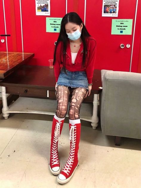 Converse Red Outfit, Distressed Tights, High Converse Outfit, Mall Goth Aesthetic, Red Converse Outfit, 2000s Fashion Aesthetic, Converse Fits, Knee High Converse, Concert Outfit Fall