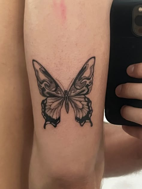 Uno Tattoo Ideas, Butterfly Inner Bicep Tattoo, Sunimagashi Tattoo, Unusual Butterfly Tattoo, Butterfly Realism Tattoo, Melting Butterfly Tattoo, Butterfly Elbow Tattoos For Women, Creative Butterfly Tattoo, Butterfly Wing Tattoo