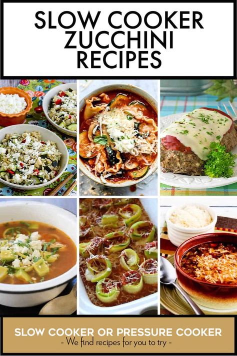 Pinterest image collage of 6 different Slow Cooker Zucchini Recipes. Zucchini Slow Cooker Recipes, Chicken Recipes Healthy Crockpot, Slow Cooker Zucchini, Zucchini Meals, Slow Cooker Vegetable Recipes, Sweet Potatoes Broccoli, Garlic Chicken Crockpot, Crockpot Steak Recipes, Easy Crockpot Recipes Healthy