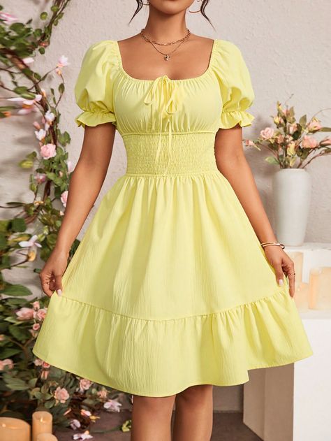 SHEIN Privé Women's Puff Sleeve Waist-Cinched DressI discovered amazing products on SHEIN.com, come check them out! Yellow Dress Cheap, Yellow Short Dress, Cute Yellow Dress, Yellow Dress Casual, Cute Yellow Dresses, Yellow Dress Outfit, Cinched Dress, Pink Purple Dress, Grad Pics