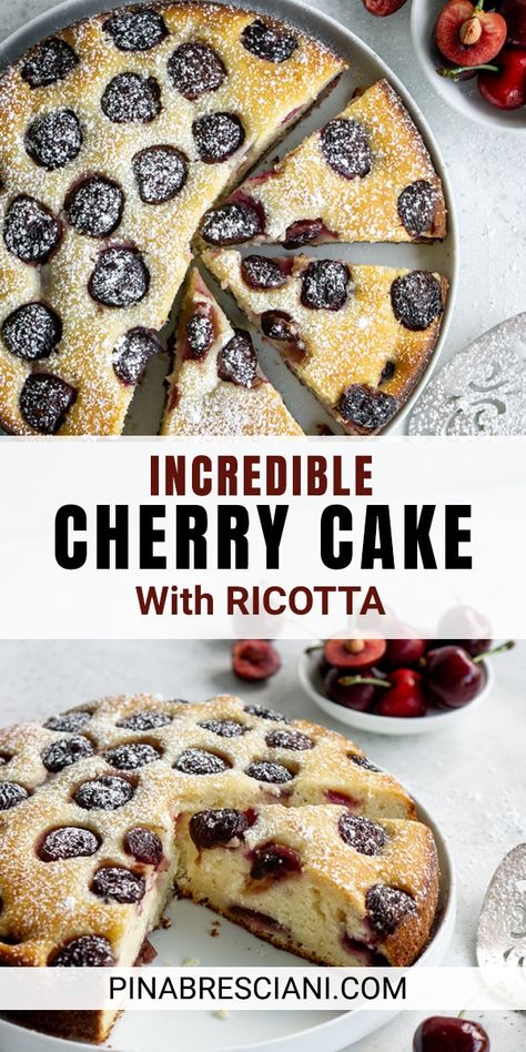 Easy Cherry Desserts, Easy Cherry Cake, Italian Cherries, Ricotta Cake Recipes, Cherry Cake Recipe, Easy Cakes To Make, Ricotta Recipes, Gluten Allergy, Fruit Cakes