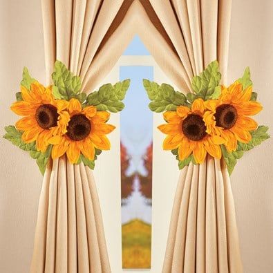 Sunflowers Window Curtain Panel Tie Back Set, 2 Pc | Collections Etc. Sunflower Curtains, Vintage Trailer Interior, Sunflower Kitchen, Round Accent Table, Led Tea Lights, Sunflower Decor, Collections Etc, Stair Runner Carpet, Curtain Tie Backs