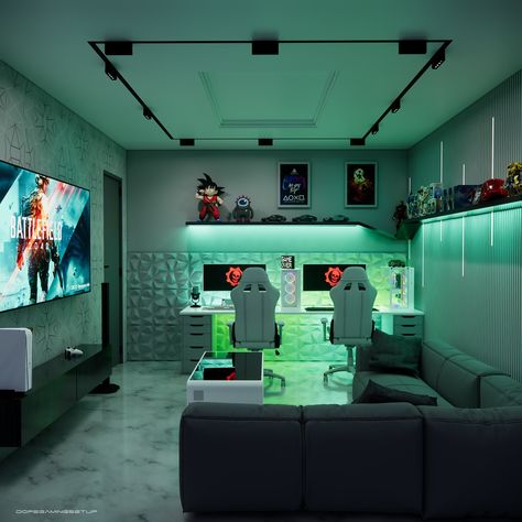 Small game room for 2 🔫💚 Room dimensions 4x3.65 meters Location : Riyadh @dopegamingsetup #gaming #gamingcommunity #pcgaming #gamer #gamingpc #roomdesign #interiordecor #gamingdecor #gamingmancave #deskgoals #roomdecor #deskorganisation #desktour #gamingroomdesign Gaming Wallpapers For Room, Gaming Room 2 Tvs, Playstation 5 Gaming Setup, Play Station Room Interior Design, Gaming Zone Interior Design, Boy Gaming Room, Boys Gaming Room, Gamer Wallpaper, Anime Bedroom