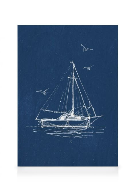 Add nautical flair to your decor with this sailboat canvas print featuring a white line sketch on deep blue. Seagulls soar above the masts and sails.Depth: 3,2 cmThis motif is printed on canvas with a flat surface.  This motif was originally made with a textured effect. Simple Wall Print, Sailboat Sketch, Sailing Poster, Sailboat Drawing, Boat Sketch, Sailboat Tattoo, Sailboat Wall Art, Sailing Art, Seaside Theme