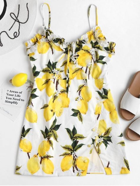 Zaful Dresses, Cute Casual Dresses, Dresses Casual Fall, Lemon Dress, Lemon Print, Dresses Short, Cami Dress, Yellow Dress, Classy Outfits