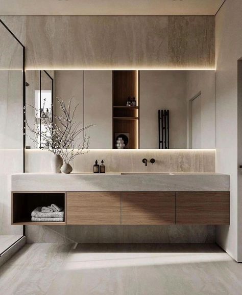 Long Restroom Ideas, Minimalistic Modern Bathroom, Wc Mirror Ideas, Modern Bathrooms 2024, Restroom Design Ideas, Ltk Home, Hotel Bathroom Interior Design, Patina Bathroom, Modern Natural Bathroom