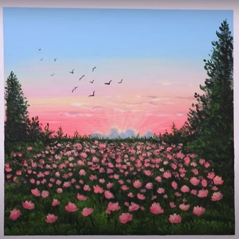 Flower Sunset Painting, Flowers Scenery, Scenery Painting, Scenery Paintings, Pink Sunset, Sunset Painting, Cafe Food, Pink Flowers, Golf Courses