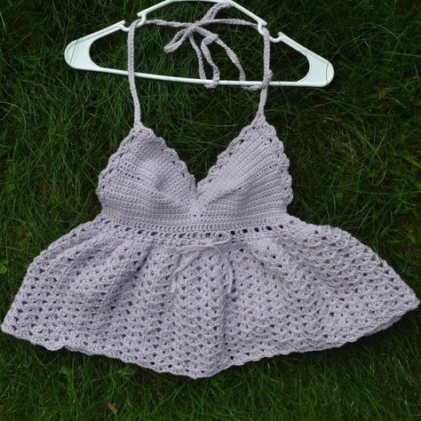 Crochet Babydoll Top Pattern, Crochet Baby Doll Top, Babydoll Crochet Dress, Fitted Crochet Cami Top, Crochet Babydoll Top, Light Purple Crochet, Beach Crochet Cami Top, Crochet Babydoll, Random Theme