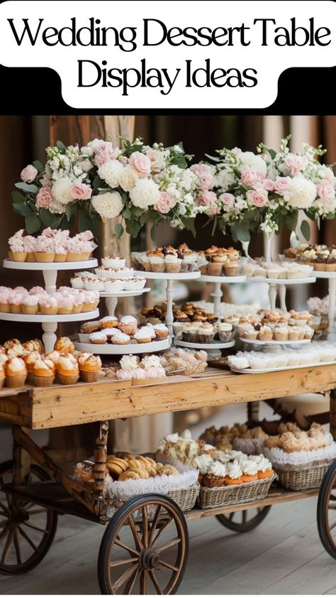 Elegant dessert table at a wedding with a wheeled cart, fresh fruit, and tiered cakes. Diy Rustic Cupcake Stand, Wedding Cupcake Table Ideas, Dessert Catering Display, Dessert Stations For Parties, Cookie Dessert Table Wedding, Wedding Dessert Bar Ideas Display, Unique Wedding Dessert Ideas, Wedding Expo Booth Ideas Bridal Show, Sweet Table Wedding Elegant