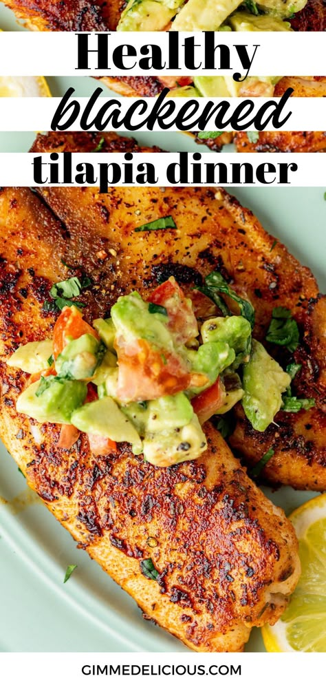 Healthy, Fresh, and Flavorful Blackened Tilapia coated with a generous blend of spices that transform this humble cut of fish into a 5-star dish! Make this tasty and easy recipe from gimmedelicious.com Blackened Talapia Ideas, Fish Recipes For Dinner Healthy, Blackened Talipia Recipes Skillet, Tilapia And Veggies Recipes, Blackened Tilapia Recipes Air Fryer, Tilapia With Shrimp Recipes, Whole30 Tilapia Recipes, Heart Healthy Tilapia Recipes, Blackened Tilapia Tacos