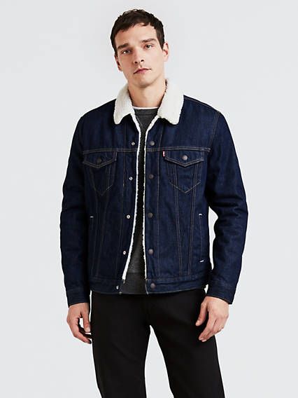 Levi's Sherpa Trucker Jacket Sherpa Jacket Outfit Men, Sherpa Trucker Jacket, Levis Outfit, Look Jean, Mens Sherpa, Jean Jacket Men, Levis Jacket, Lined Jeans, Sherpa Jacket