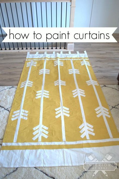 For color with serious hold, mix two parts paint and one part textile medium. Then, use painters tape to create a pattern and cover it all up with your yellow formula. Once everything dries, just peel the tape off to reveal your masterpiece. See more at Interiors by Kenz »   - HouseBeautiful.com Paint Curtains, Cloth Curtains, Painted Curtains, Ikea Curtains, Yellow Curtains, Drop Cloth Curtains, Rustic Curtains, Interior Painting, Baby Cat