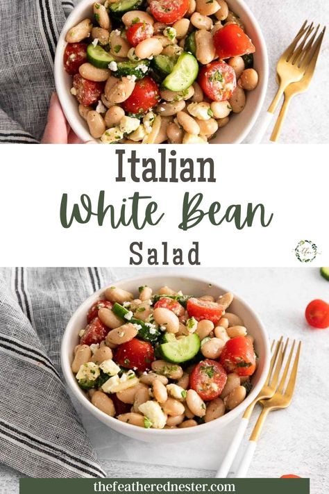 This Tuscan white bean salad recipe is perfect for any season! The robust flavors of the Italian dressing pair perfectly with the cannellini beans, and make this a dish you'll love to eat again and again. Italian Bean Salad is perfect for any season, but I love it in the summer. The creamy and bold flavors of the Tuscan cannellini beans, garlic, and red onions are perfect for a hot summer day. Tuscan White Bean Salad, Tuscan Bean Salad, Bean Salad Dressing, White Bean Salad Recipes, Cannellini Beans Recipes, Cannellini Bean Salad, Italian Beans, Tuscan White Bean, Tomatoes And Cucumbers