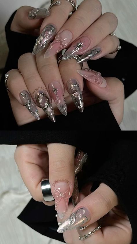 Douyin Grey Nails, Nail Inspo Acrylic Winter, Cute Long Nails Ideas Simple, Dark Style Nails, Nail Art Designs Silver, Y2k Birthday Nails, Long Goth Nails, Korean Nails Acrylic, Ballet Core Nails