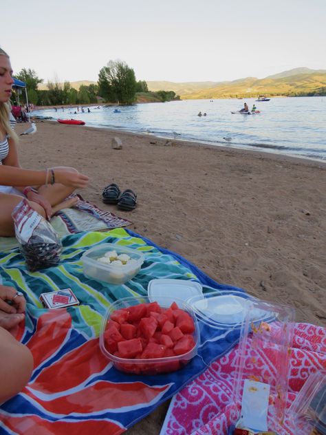 lake days, beach, picnic, friends Watermelon Summer Aesthetic, Beach Sand Aesthetic, Camping At The Beach Aesthetic, Aesthetic Watermelon, Summer Beach Camping Aesthetic, Summer Vacation Aesthetic Food, Snacks Yummy, Sushi On The Beach Aesthetic, Sand Aesthetic