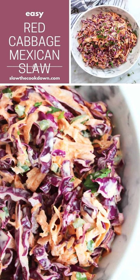 This creamy red cabbage and carrot slaw is a great easy side dish that is ready in 10 minutes and requires no cooking. Full of fresh and vibrant ingredients, it works wonderfully with pulled pork, chicken and Mexican tacos. #redcabbageslaw #mexicanslaw #slawforpulledpork Slaw For Pulled Pork, Mexican Slaw, Miso Glazed Salmon, Red Cabbage Slaw, Carrot Slaw, Champagne Vinaigrette, Apple Slaw, Champagne Vinegar, Mexican Tacos