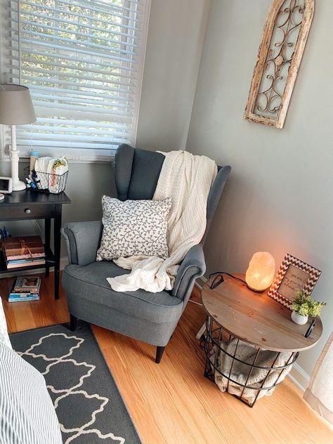 Postpartum Side Table, Nursing Corner In Bedroom, Bedroom Sitting Area Small Cozy Corner, Apartment Nursery Ideas, Nursing Corner, Bedroom Side Table Ideas, Nursery Corner, Apartment Nursery, Mini Nursery