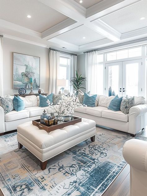 Emslifeandloves Cream House Interior, Blue And Cream Living Room, Living Room Glam, Glam Living Room Decor, Blue And White Living Room, Home Decor Apartment, Home Decor Cozy, Basement Decorating, Glam Living