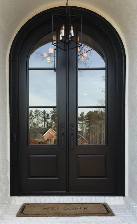 Arched Doors| Masterpiece Doors | Custom Entry Doors Arch Front Door Exterior Farmhouse, White Double Front Doors, Black Arched Double Front Door, Arch Double Door Front Entry, Arched Exterior Doors Entrance, French Doors Entryway, Black French Front Doors Entrance, Double Arch Front Door, French Style Front Door