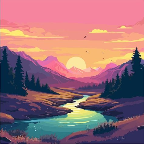 Vector a painting of a river in a mounta... | Premium Vector #Freepik #vector #vector-illustration #nature-background #landscape-vector #lowpoly Vector Landscape Wallpaper, Sunset River Painting, Mountain Sunset Illustration, River Vector Illustration, Landscape Vector Art, Mountain River Illustration, Landscape Illustration Wallpaper, Mountains With River, Sunset Vector Illustration