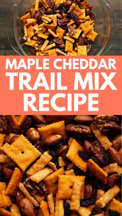 If you want to try something a little different than the typical trail mix recipes, this maple cheddar trail mix idea is perfect! Cheddar crackers go perfect with the maple spiced pecans and sweetness from the raisins. This is a crunchy sweet and salty combination you'll love! This is one of my favorite homemade trail mix recipes ready for all your outdoor adventures or when ever you need a quick snack mix on the go! Low Calorie Trail Mix Recipes Healthy, Sweet Trail Mix Recipes, Sweet Trail Mix, Homemade Trail Mix Recipes, Healthy Trail Mix Recipes, Movie Night Treats, Chex Snack Mix, Trail Snacks, Trail Mix Recipe