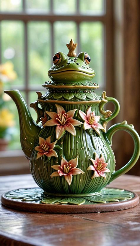 Decoration - Amazing frog shaped teapot - AI creation Cute Tea Pot, Whimsical Teapots, Amazing Frog, Teapots Unique, Porcelain Tableware, Teapots And Cups, Ceramic Tableware, Ceramic Teapots, Tea Sets