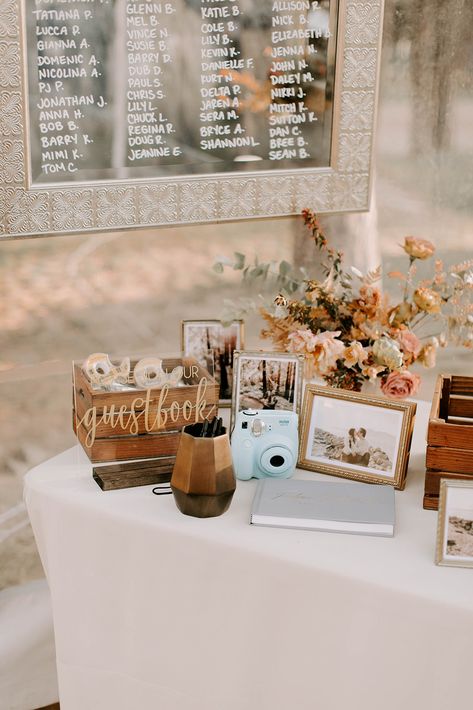 An Autumnal Boho Wedding with Rust Bridesmaid Dresses, Lush Fall Florals and Bronze Details via Rust Bridesmaid Dresses, Guest Book Table Decor, Fall Wedding Guest Book, Wedding Guest Book Table, Rust Bridesmaid Dress, Baby Shower Deco, Rustic Boho Wedding, Barn Wedding Decorations, Guest Book Table