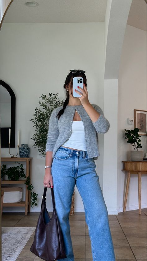 Women's Mid Rise Slouchy Jean curated on LTK Outfits For Straight Leg Jeans, Late Summer Jeans Outfit, High Rise Wide Leg Jeans Outfit Fall, Fall Outfit Wide Leg Jeans, Elastic Jeans Outfit, Styling Mid Rise Jeans, Mid Rise Wide Leg Jeans Outfit, Baggy Jeans Outfit Inspo Aesthetic, Loose Jeans Outfit Casual