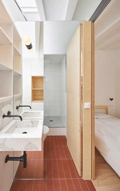 Thirty bathrooms by architects including concrete, stone and tiled designs Low Sofa, Renovation Architecture, Cosy Interior, White Wall Tiles, Timber Roof, 1950s House, Black Toilet, Red Tiles, White Ceiling Fan