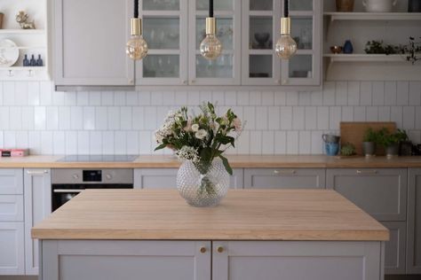 Wooden Bench Top Kitchen, Lerhyttan Kitchen Ikea Grey, Lerhyttan Kitchen Ikea, Wooden Benchtop Kitchen, Lerhyttan Kitchen, Ikea Lerhyttan, Kitchen Grey, Bungalow Kitchen, Country Cottage Kitchen