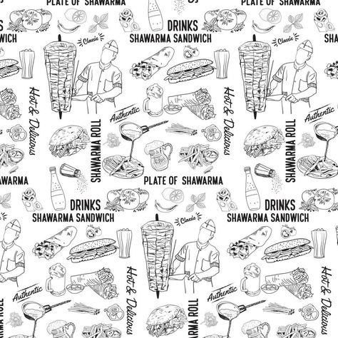 Shawarma cooking and ingredients for kebab pattern Shawarma Background Design, Shawarma Restaurant Design, Shawarma Shop Design, Shawarma Design, Shawarma Logo, Shawarma Ingredients, Mardi Gras Background, Food Stall Design, Paper Bag Design