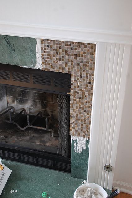 07_getting)started by kitliz, via Flickr Small Basement Remodeling, Fireplace Redo, Fireplace Update, Marble Fireplace, Farmhouse Fireplace, Diy Tile, Faux Fireplace, Fireplace Remodel, True Value