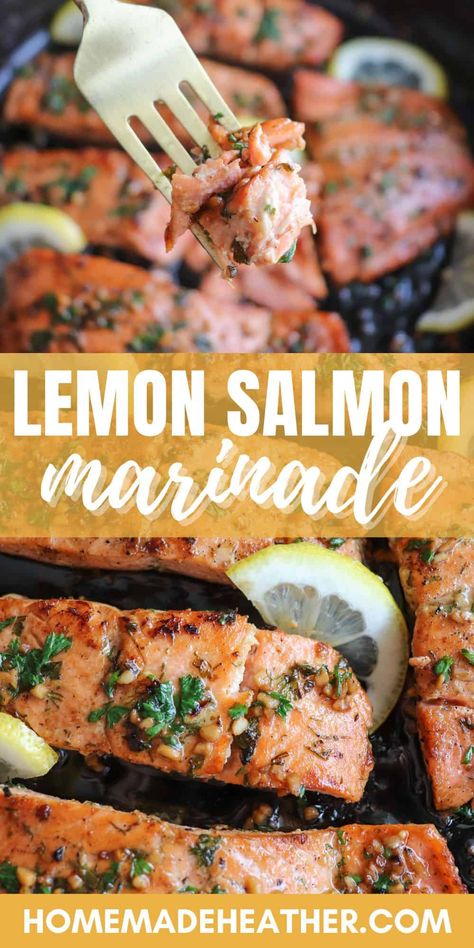 Delicious lemon grilled salmon marinated in zesty lemon & fresh herbs for a burst of flavor. Quick, healthy and perfect for any occasion! Lemon Herb Marinade, Salmon Marinade Recipes, Grilled Salmon Recipe, Herb Marinade, Herb Crusted Salmon, Lemon Pepper Salmon, Salmon Marinade, Grilled Salmon Recipes, Fish Ideas