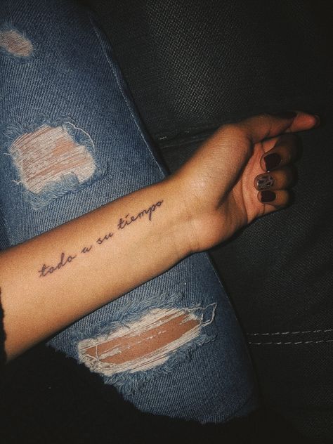 TATTOO IDEA // There’s a time for everything. // Todo a su tiempo #tattoosforwomen #tattooideas #todoasutiempo #tattooquotes #positive #tattoos Timing Tattoo For Women, Here For A Good Time Tattoo, Risk Nothing Gain Nothing Tattoo Spanish, Time Quotes Tattoo, Time Quote Tattoos, For You A Thousand Times Over Tattoo, Take Your Time Tattoo, Only Time Will Tell Tattoo, Healing Quotes Tattoo