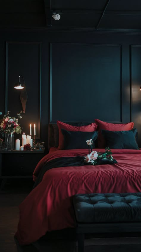 Create enchanted nights in a bedroom that whispers romance with its dramatic black and red palette. Rich fabrics and sensuous decor invite you to unwind and indulge. Highlighted by soft ambient lighting and romantic art, this oasis is designed for cozy evenings filled with laughter and whispers. Transform your space into the ultimate love nest! 🔥💖 Black And Burgundy Bedroom, Black And Red Bedroom Aesthetic, Black And Red Bedroom, Red And Black Bedroom, Black Chaise Lounge, Red Black Bedrooms, Dark Romantic Bedroom, Black Bedroom Aesthetic, Black White Bedrooms