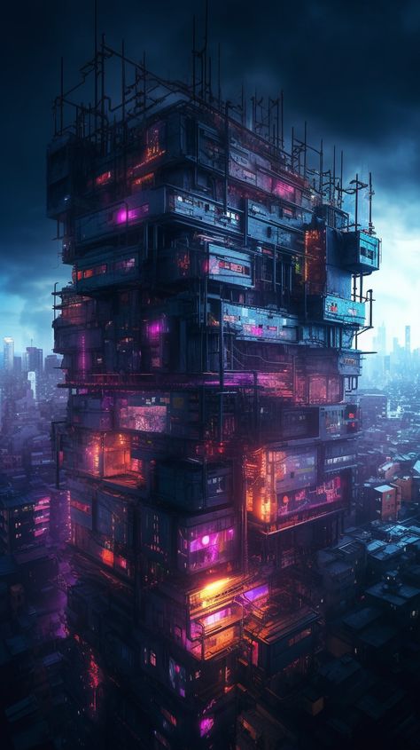 Cyberpunk Mega Building, Nanopunk Aesthetic, Cyberpunk World Building, Building Cyberpunk, Cyberpunk Art Futuristic Architecture, Nightcity Cyberpunk, Cyberpunk Apocalypse, Cyberpunk Architecture, Anime Building