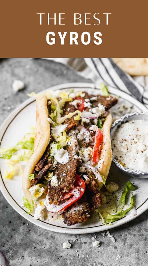 Beef gyros with seasoned meat, lettuce, tomatoes, and tzatziki sauce wrapped in a pita, ready to serve for dinner. Lamb Gyros Recipe, Easy Gyro Meat Recipe, Authentic Gyro Meat Recipe, Authentic Greek Gyros Recipe, Greek Gyro Recipe, Homemade Gyro Meat, Lamb Gyro Recipe, Homemade Gyros, Gyro Recipes